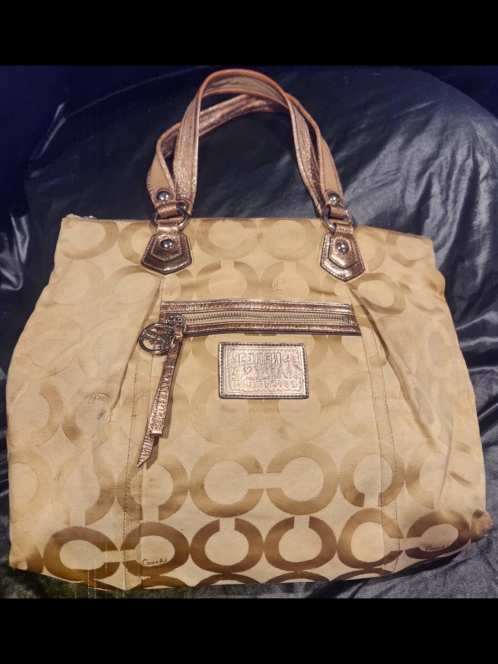 Vintage Coach Signature Poppy Canvas Tote Bag in Tan with Metallic Accents